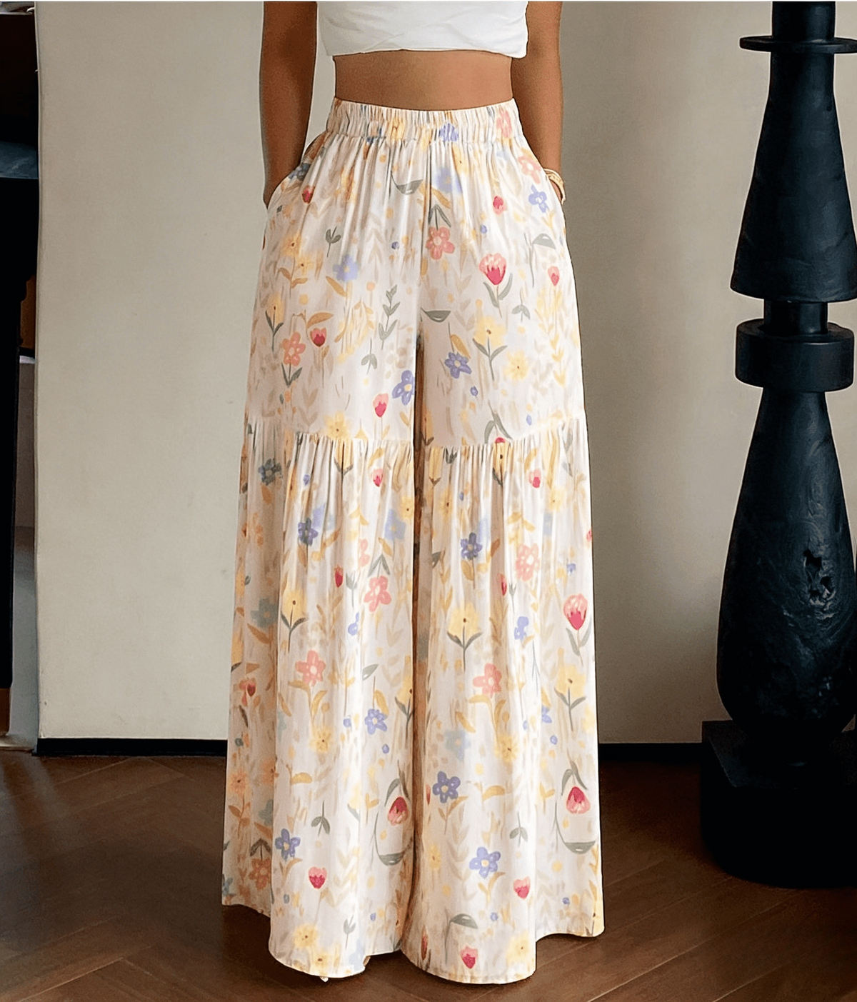 Ditsy Floral Wide Leg Pants With Tiered Hem - Apricot