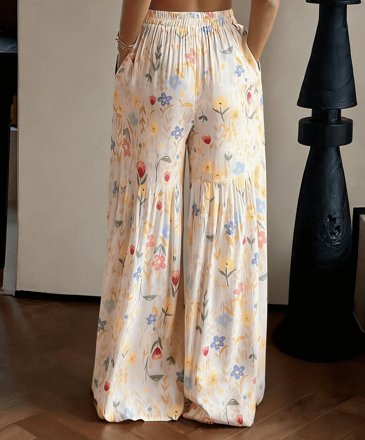 Ditsy Floral Wide Leg Pants With Tiered Hem - Apricot - 1