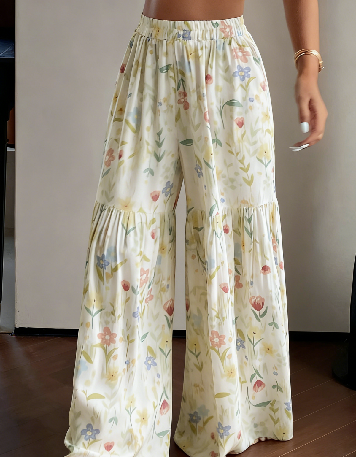 Ditsy Floral Wide Leg Pants With Tiered Hem - Green