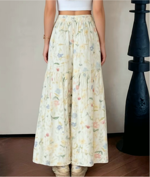Ditsy Floral Wide Leg Pants With Tiered Hem - Green - 1