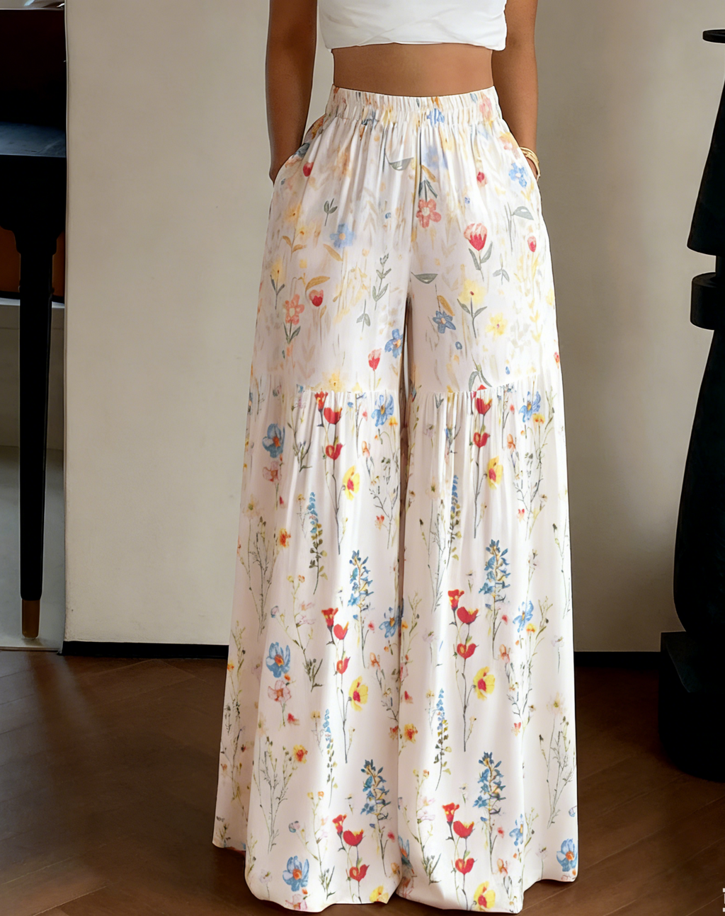 Ditsy Floral Wide Leg Pants With Tiered Hem - Offwhite