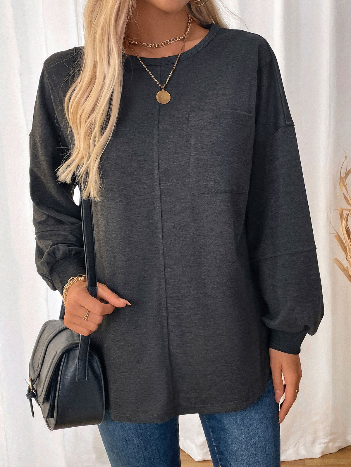 Center Seam Slouchy Crewneck Sweatshirt - Black - 4