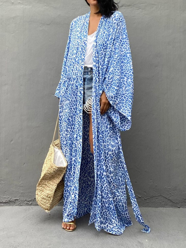 Retro Print Belted Beach Kimono - Blue