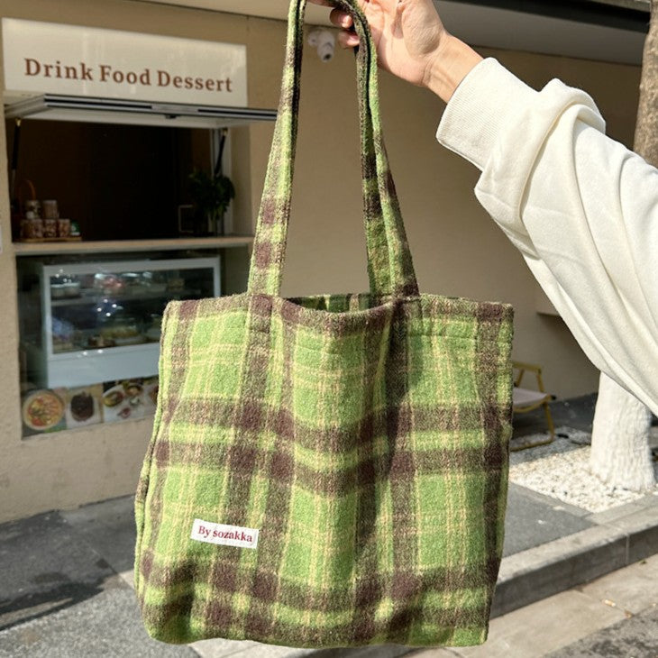 Checked Woolen Shoulder Tote Bag - Color_1