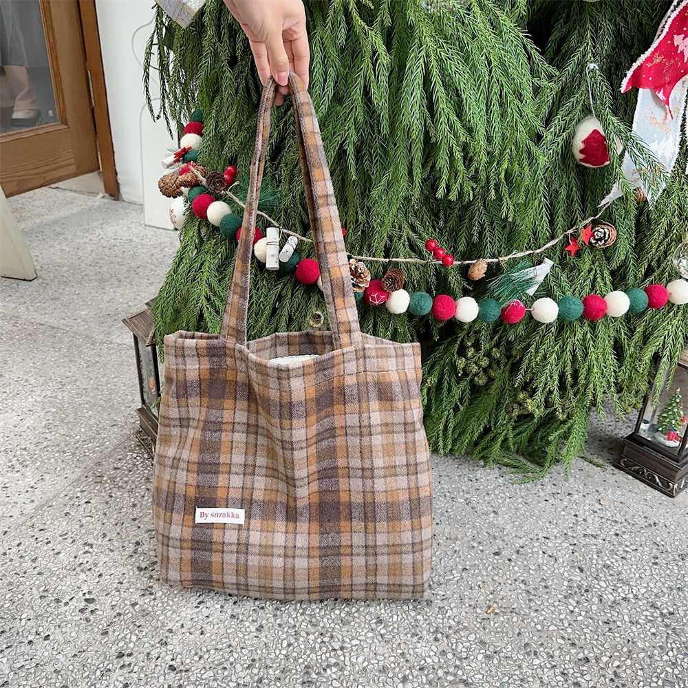 Checked Woolen Shoulder Tote Bag - Color_2
