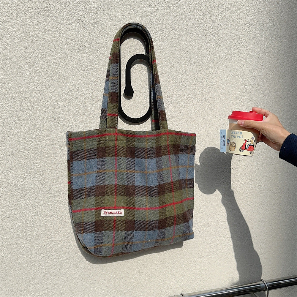 Checked Woolen Shoulder Tote Bag - Color_3