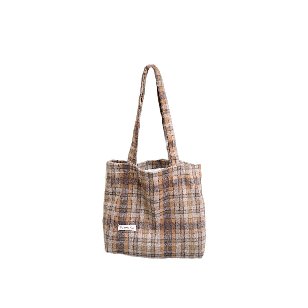 Checked Woolen Shoulder Tote Bag
