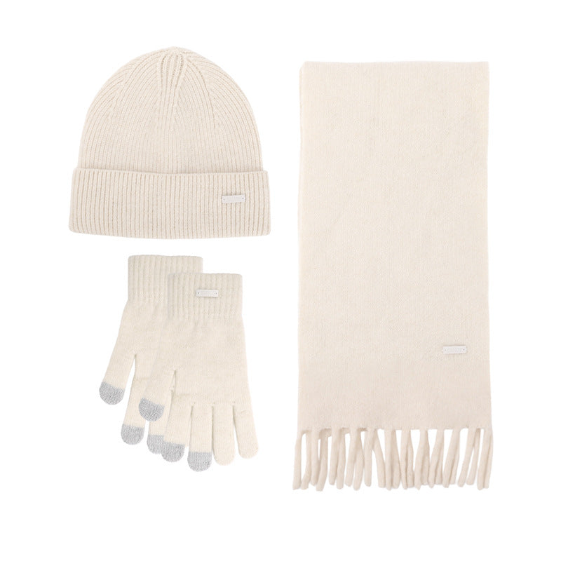 Knit Beanie Scarf And Glove Set - Beige
