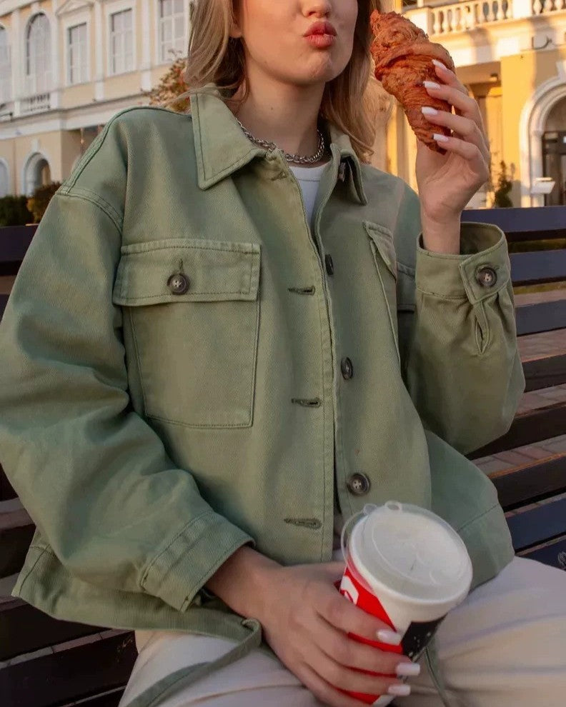 Boxy Cropped Utility Denim Jacket - Green - 1