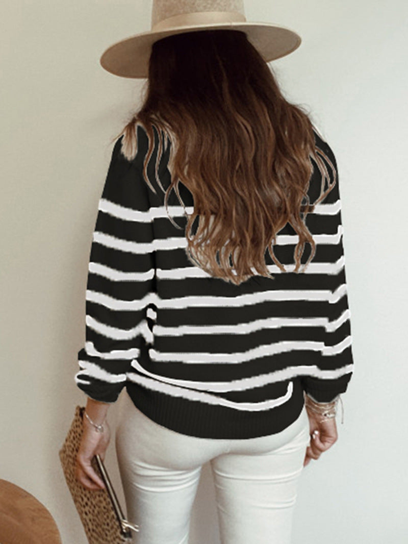 Breton Stripe Boat Neck Cropped Sweater - Black - 2