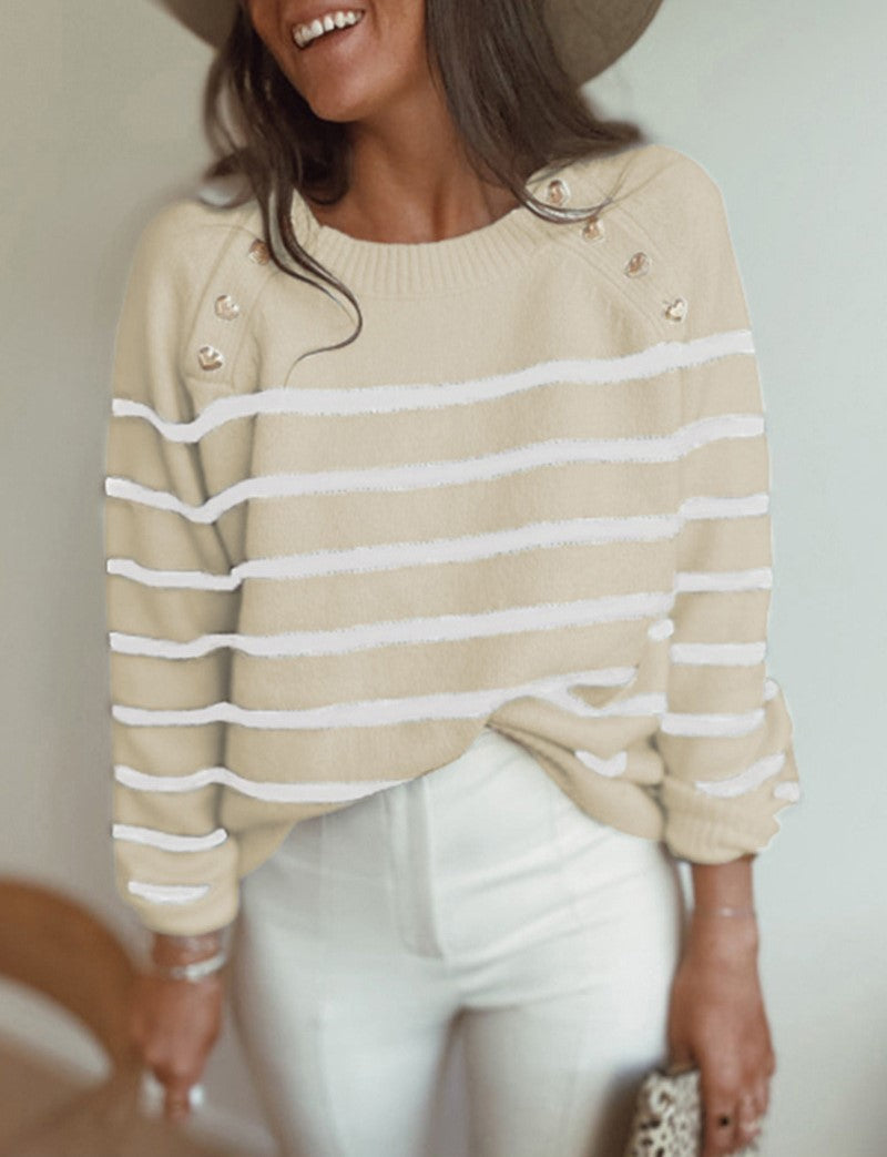 Breton Stripe Boat Neck Cropped Sweater - Khaki