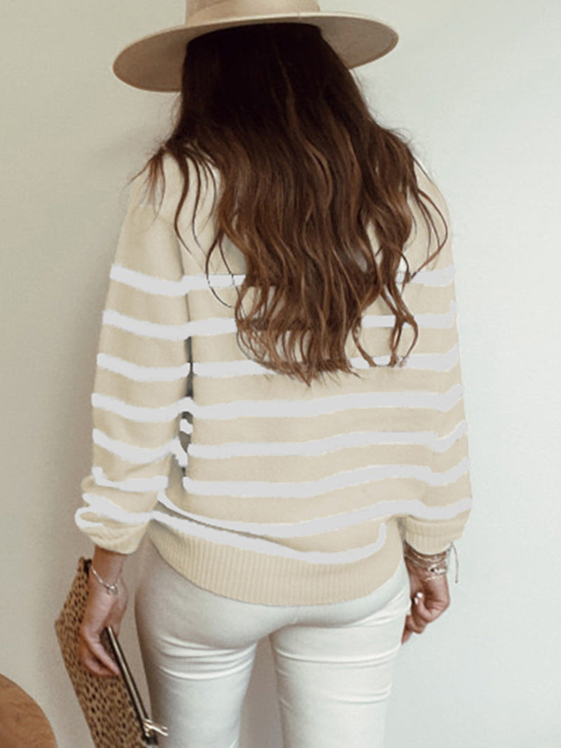 Breton Stripe Boat Neck Cropped Sweater - Khaki - 2