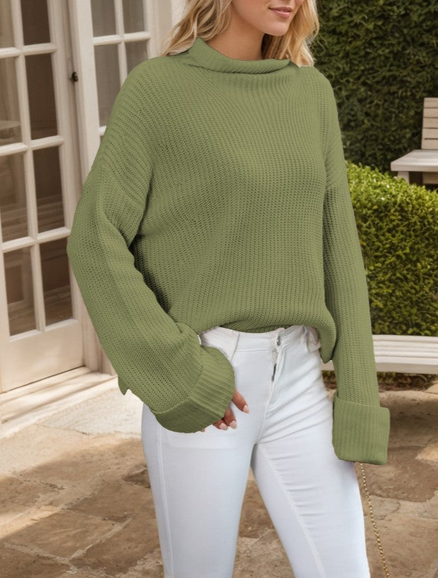 Flared Sleeve Ribbed Oversized Sweater - Green