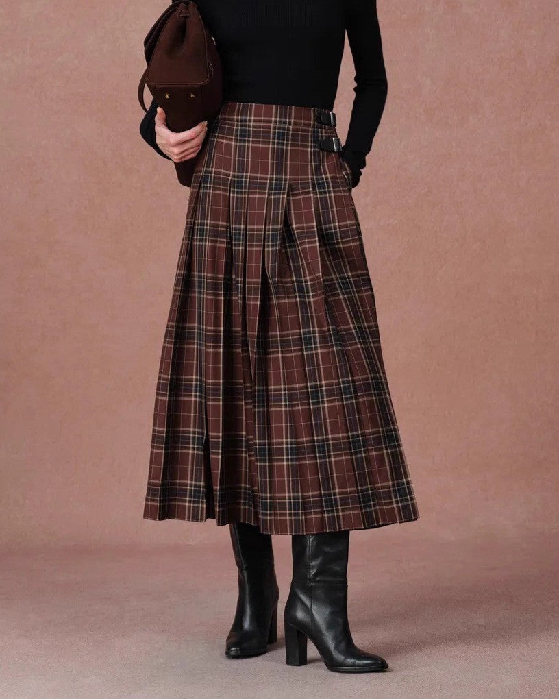 Pleated Plaid Midi Skirt With Side Buckles - Coffee