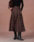 Pleated Plaid Midi Skirt With Side Buckles - Coffee