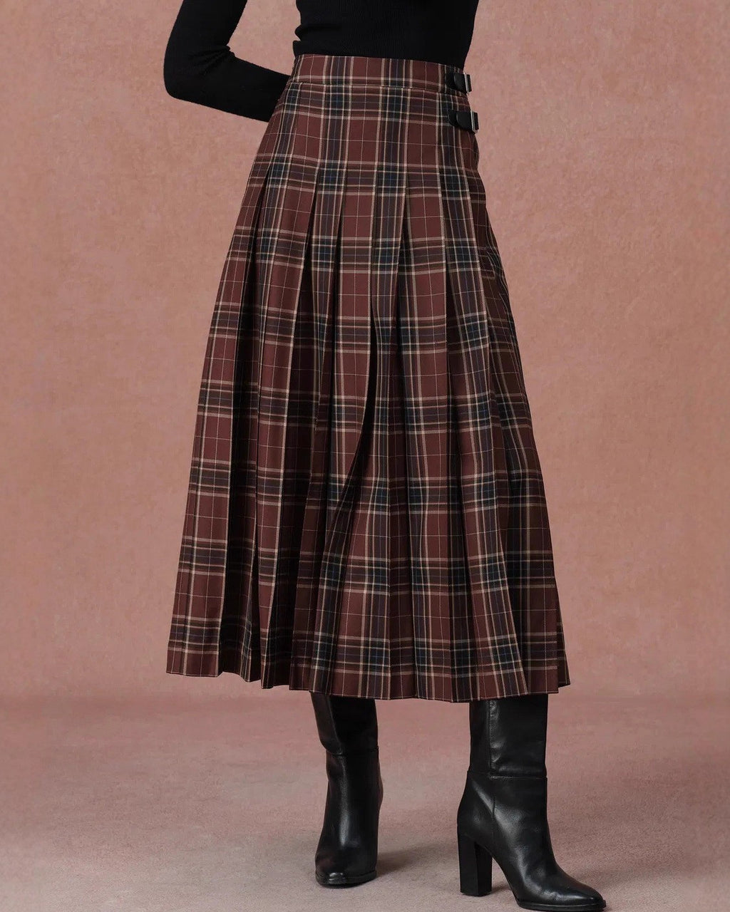 Pleated Plaid Midi Skirt With Side Buckles - Coffee - 1