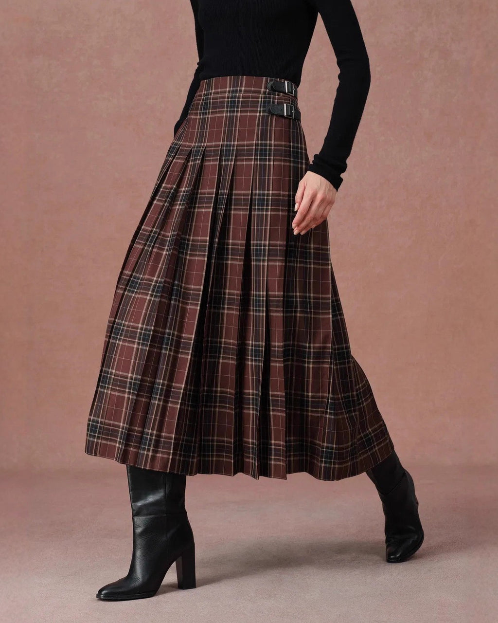 Pleated Plaid Midi Skirt With Side Buckles - Coffee - 2
