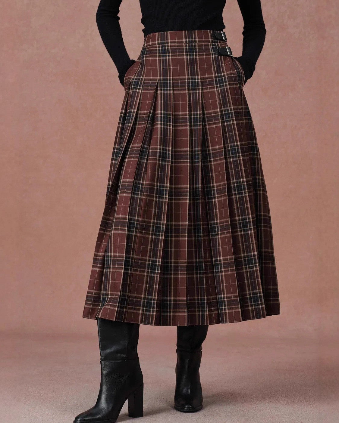 Pleated Plaid Midi Skirt With Side Buckles - Coffee - 3