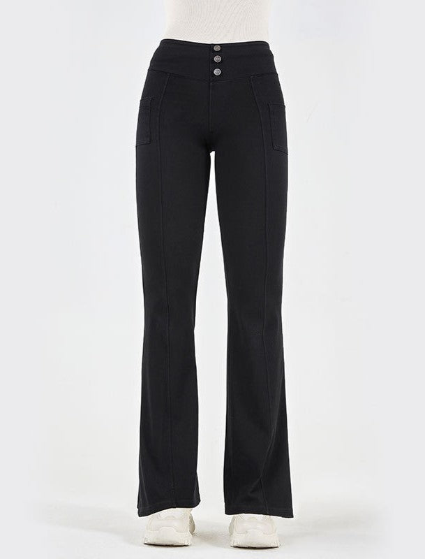 High Rise Stretch Denim Flare Pants - Black