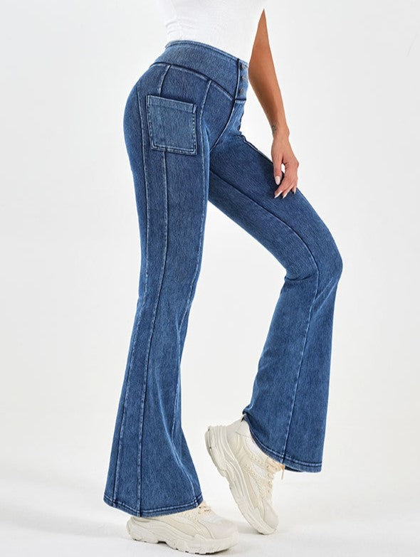 High Rise Stretch Denim Flare Pants - DarkBlue - 1