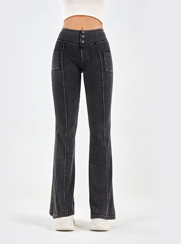 High Rise Stretch Denim Flare Pants - DarkGrey