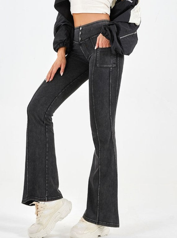 High Rise Stretch Denim Flare Pants - DarkGrey - 1