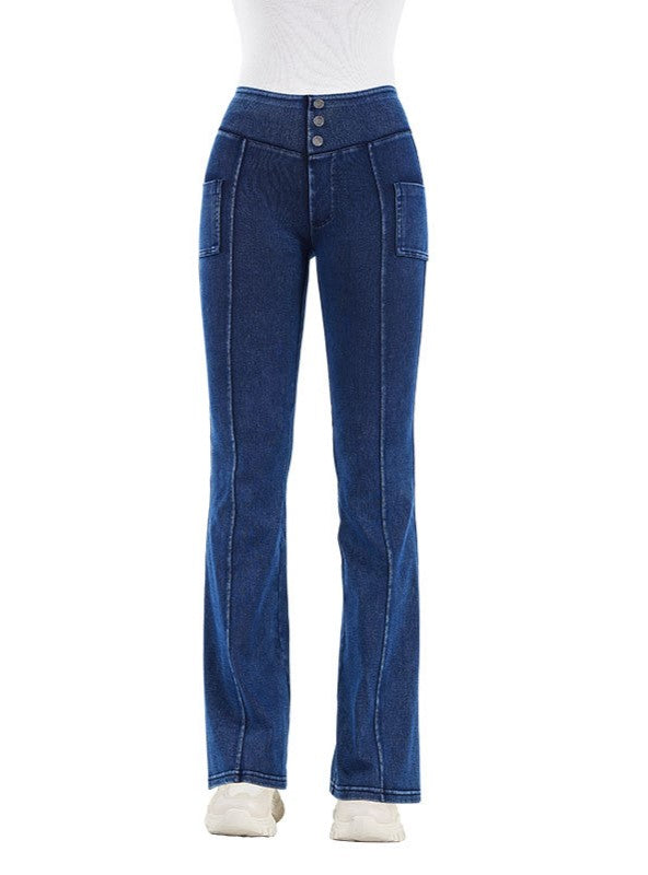High Rise Stretch Denim Flare Pants - NavyBlue