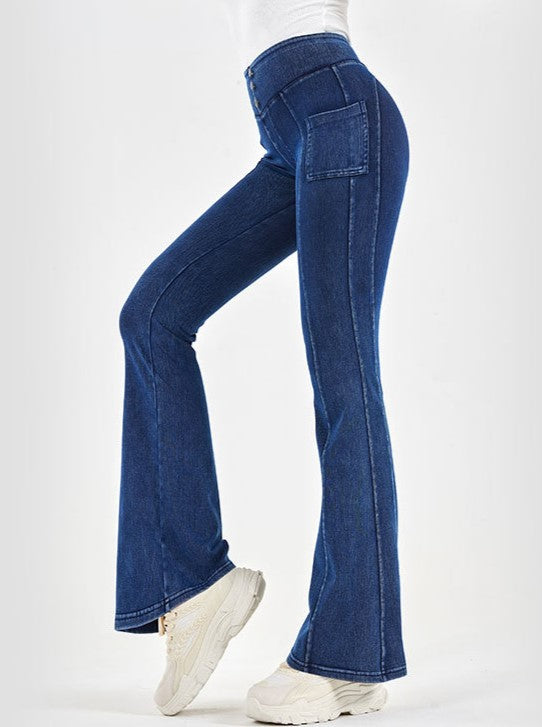 High Rise Stretch Denim Flare Pants - NavyBlue - 1