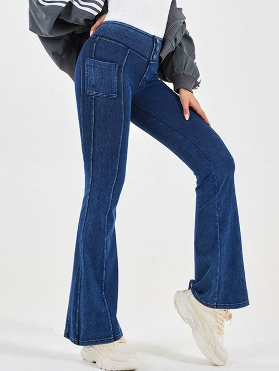 High Rise Stretch Denim Flare Pants - NavyBlue - 2