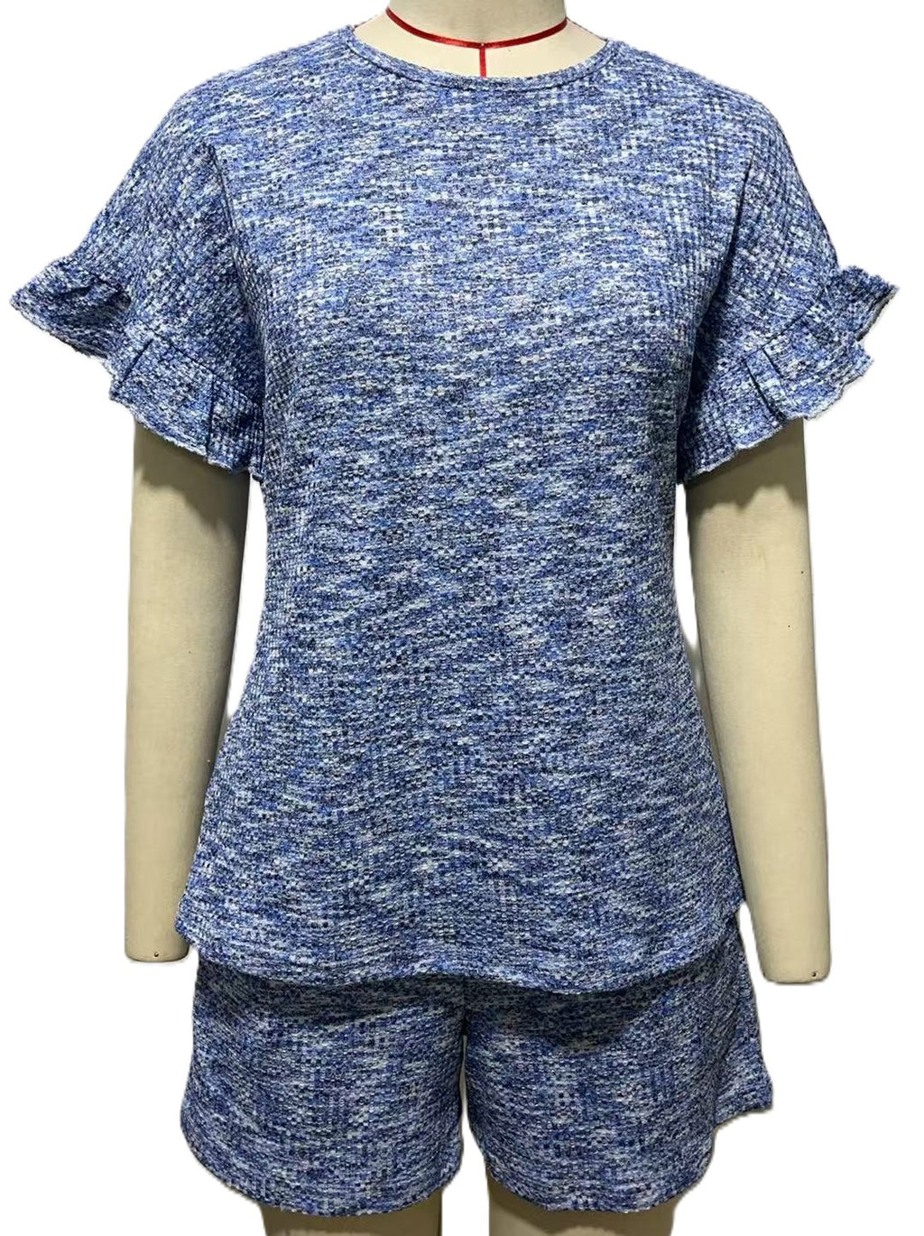 Flutter Sleeve Waffle Knit Two Piece Set - Blue