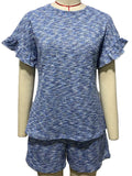 Flutter Sleeve Waffle Knit Two Piece Set - Blue