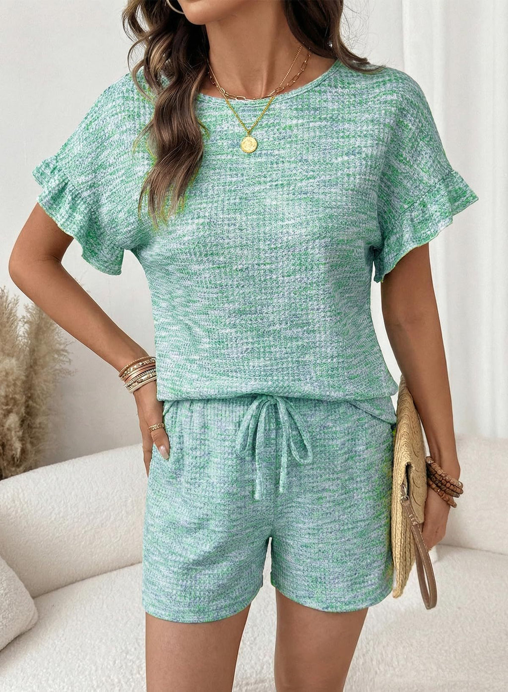 Flutter Sleeve Waffle Knit Two Piece Set - Green