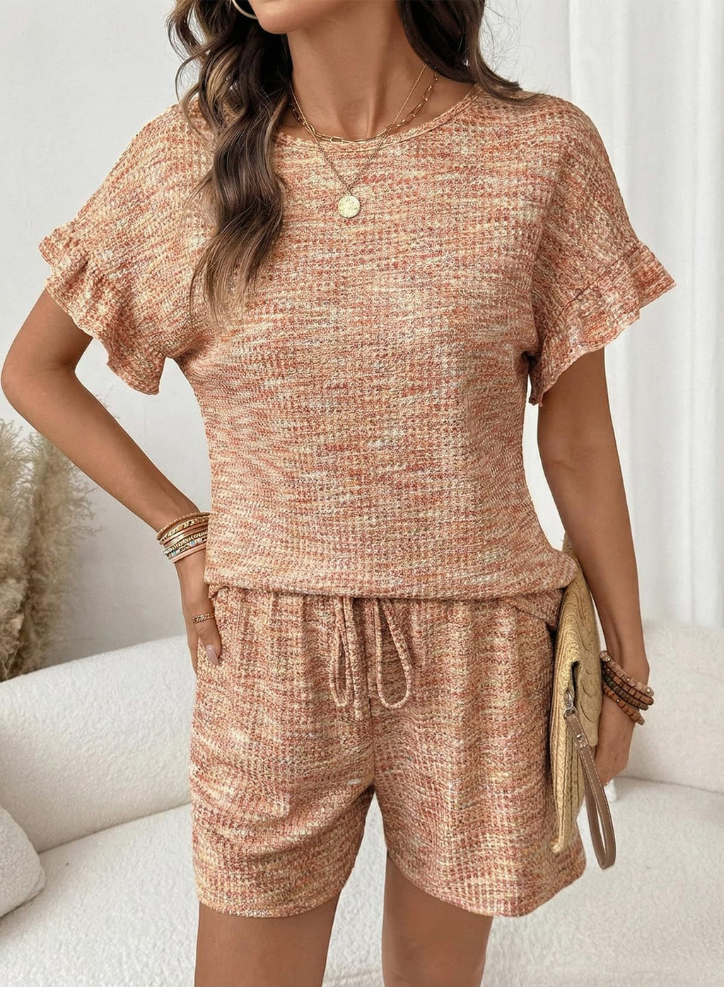 Flutter Sleeve Waffle Knit Two Piece Set - Orange