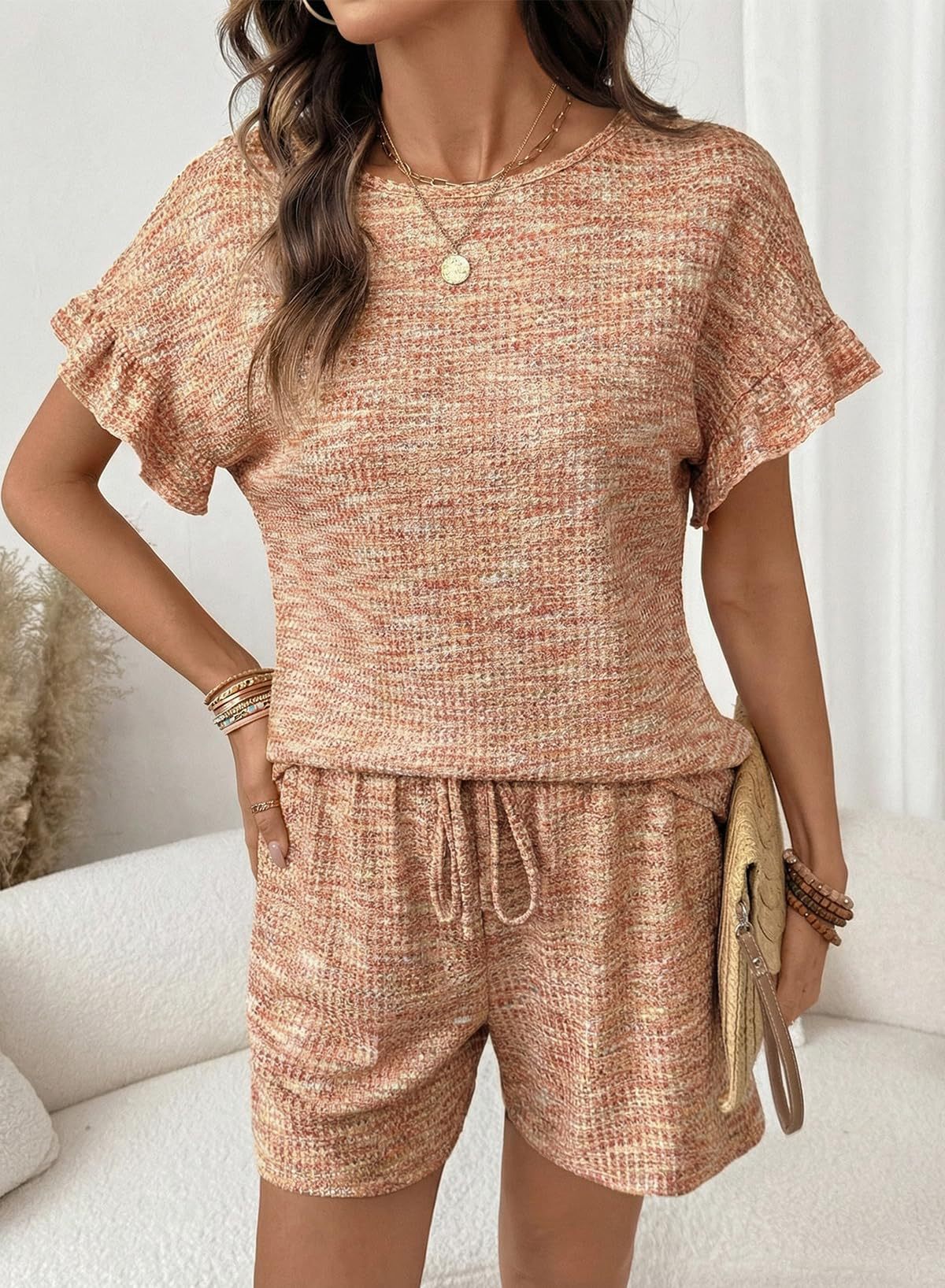 Flutter Sleeve Waffle Knit Two Piece Set - Orange