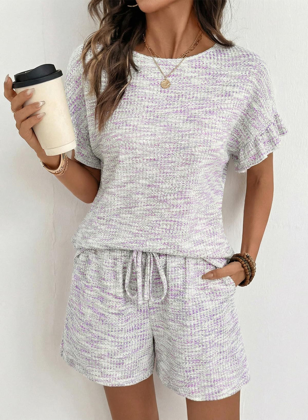 Flutter Sleeve Waffle Knit Two Piece Set - White