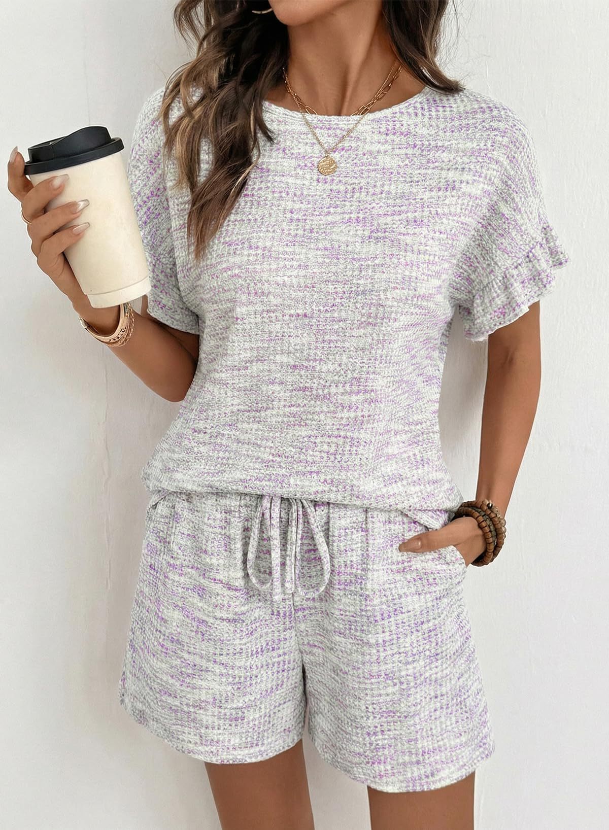 Flutter Sleeve Waffle Knit Two Piece Set - White