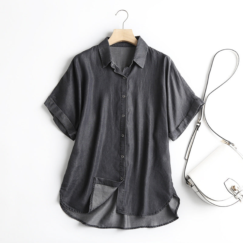 Soft Chambray Short Sleeve Button Down Shirt - black