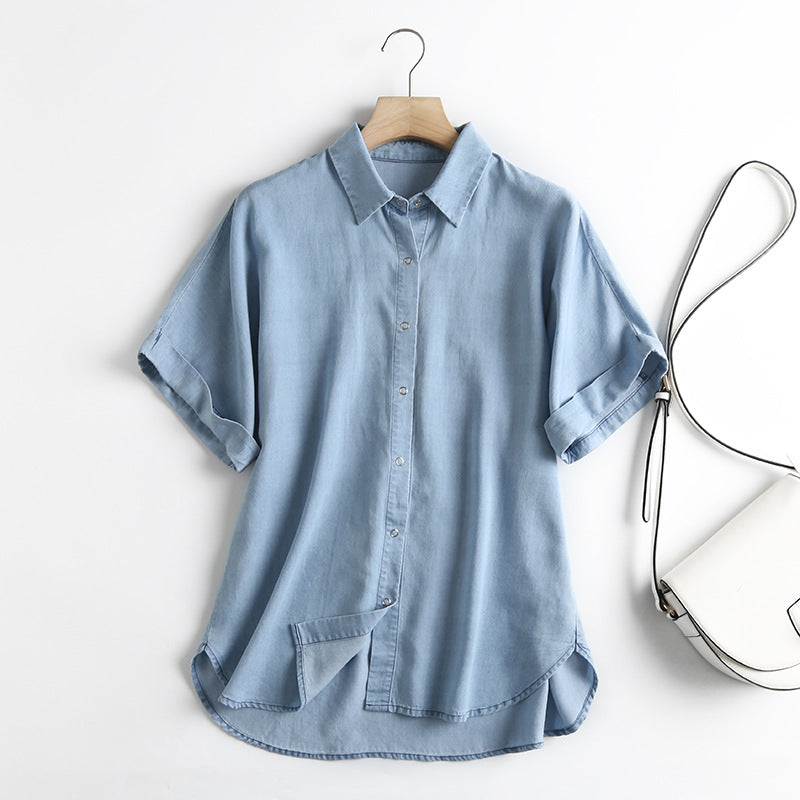 Soft Chambray Short Sleeve Button Down Shirt - blue