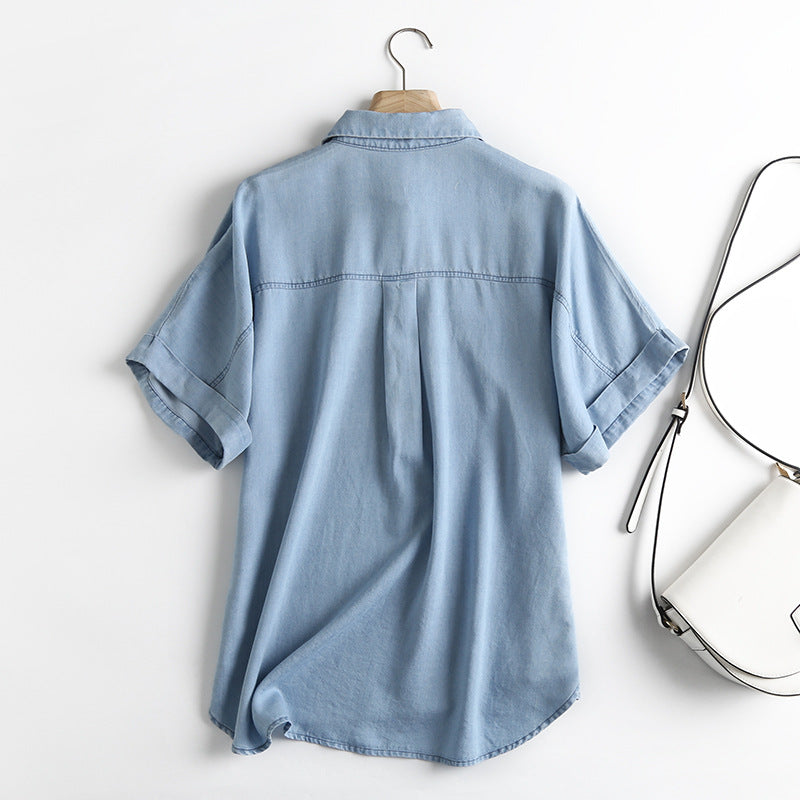 Soft Chambray Short Sleeve Button Down Shirt - blue - 1