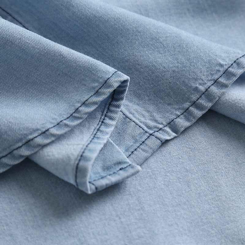Soft Chambray Short Sleeve Button Down Shirt - blue - 10
