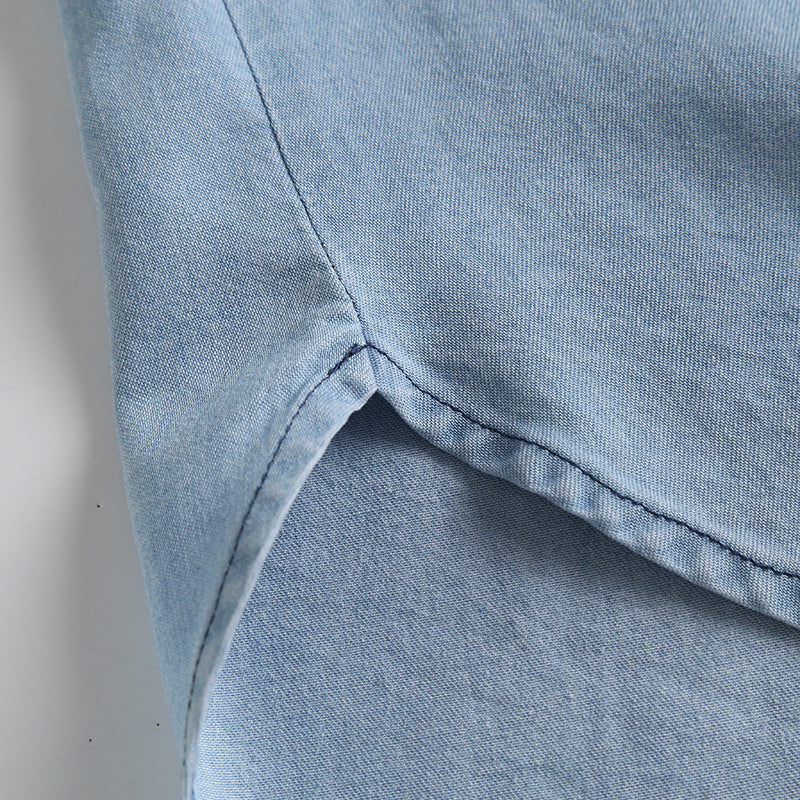 Soft Chambray Short Sleeve Button Down Shirt - blue - 11