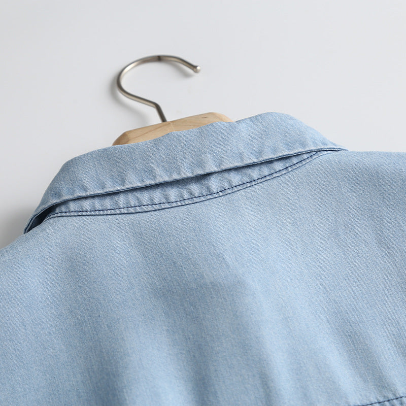 Soft Chambray Short Sleeve Button Down Shirt - blue - 12