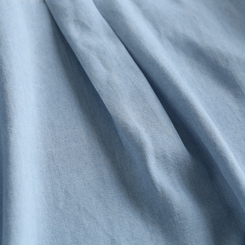 Soft Chambray Short Sleeve Button Down Shirt - blue - 14