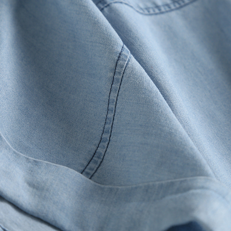 Soft Chambray Short Sleeve Button Down Shirt - blue - 15