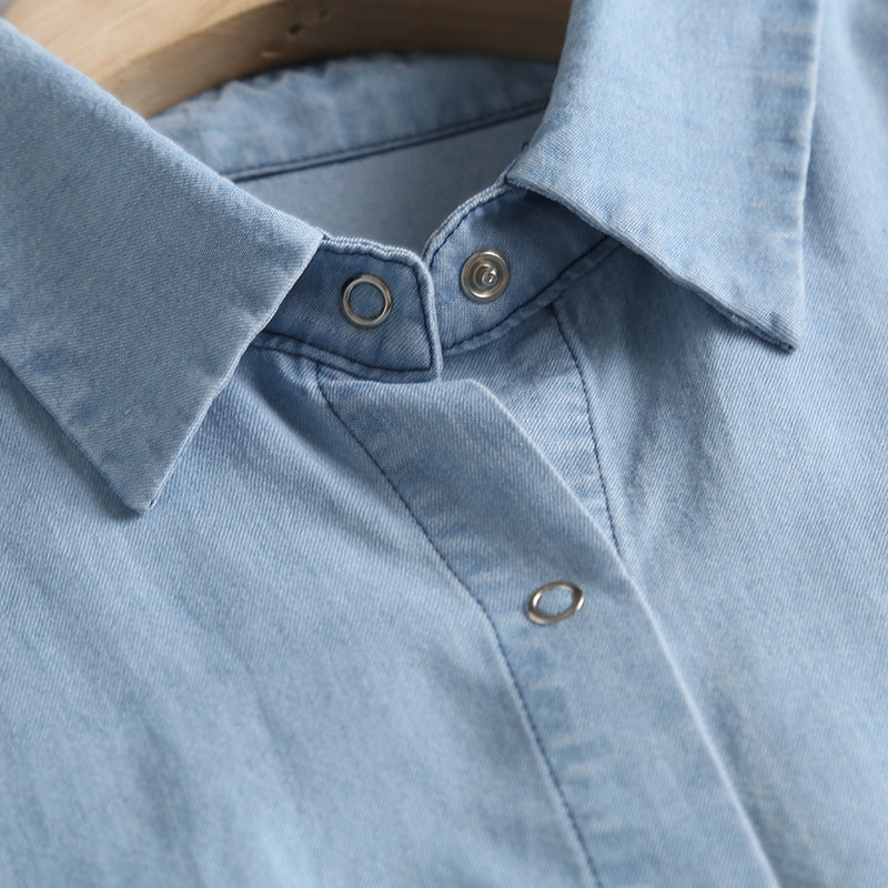Soft Chambray Short Sleeve Button Down Shirt - blue - 3