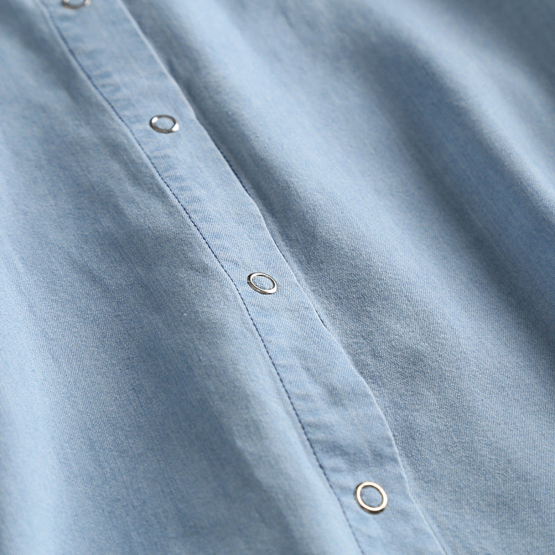 Soft Chambray Short Sleeve Button Down Shirt - blue - 4
