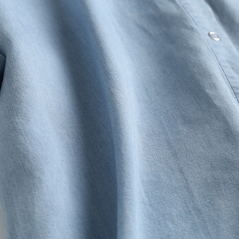 Soft Chambray Short Sleeve Button Down Shirt - blue - 5