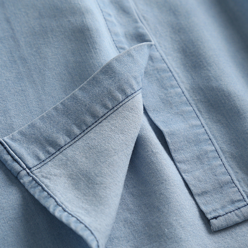 Soft Chambray Short Sleeve Button Down Shirt - blue - 6