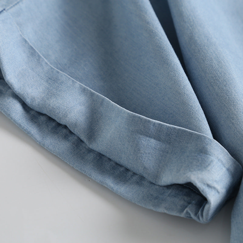 Soft Chambray Short Sleeve Button Down Shirt - blue - 8