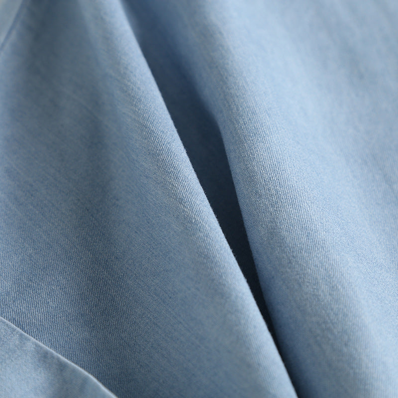 Soft Chambray Short Sleeve Button Down Shirt - blue - 9